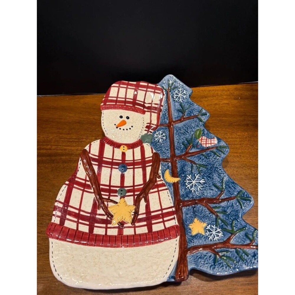 VTG 1999 St Nicholas Square Snowman Christmas Tree Platter Ceramic Holiday Tray